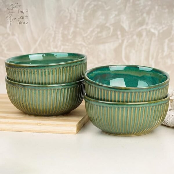 The Earth Store Glam Green Ceramic Bowl - Set of 4, 500 ML